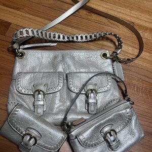 3 PC SET AUTH Coach Poppy Whipstitch 19014 Metallic Leather Bag Wristlet Wallet